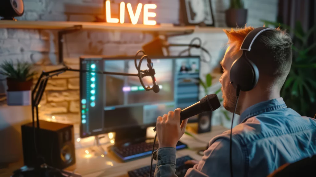 Streamer in diretta su Twitch con cuffie e microfono, mentre interagisce con il pubblico davanti a uno schermo illuminato.