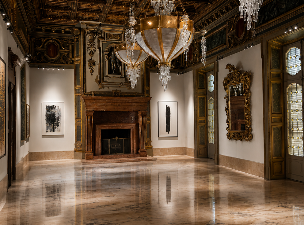 Salone con lampadari in cristallo allestito per una mostra
