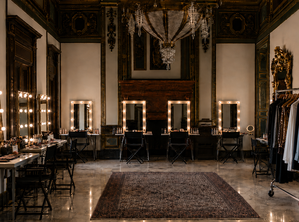 Sala allestita con postazioni trucco e specchi illuminati